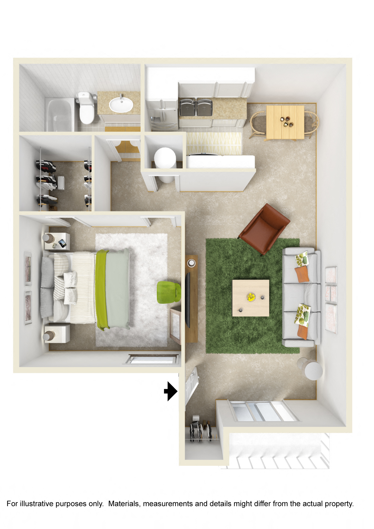 Floor plan for 1 bed, 1 bath, 725 sqft